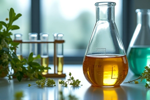 A laboratory setting with natural ingredients and scientific equipment, representing research and development.