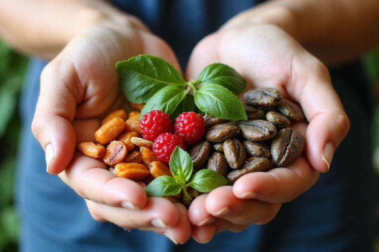 Hands holding natural ingredients, symbolizing the brand's commitment to naturalness and quality.