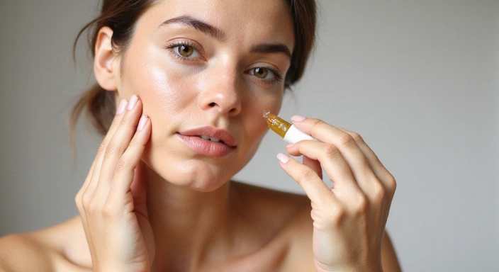 A woman gently massaging a serum into her face, with a focus on healthy, glowing skin and natural light.