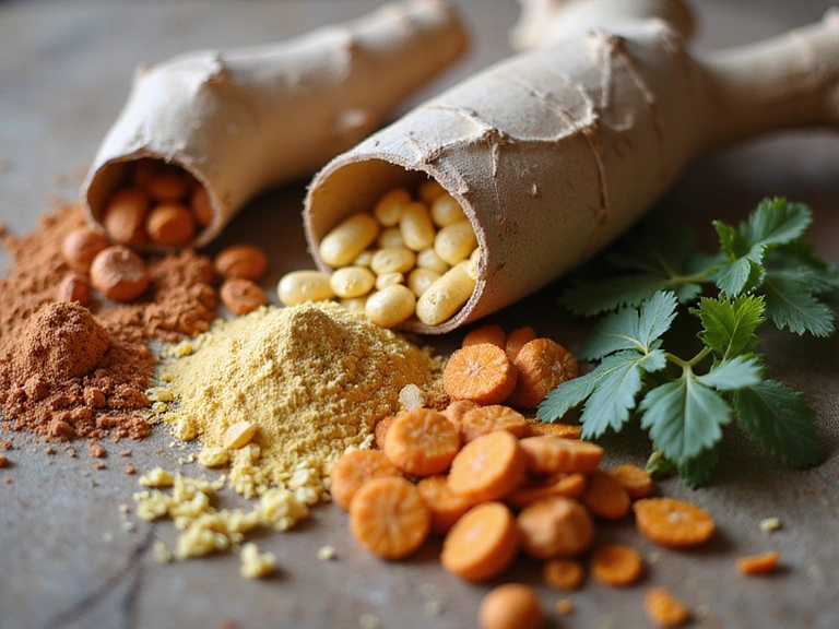 Various natural ingredients like herbs and roots, representing natural supplements.